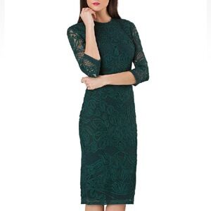 JS Collections Womens Lace Sheath Dress Green 3/4 Sleeve Knee Length Size 4‎
